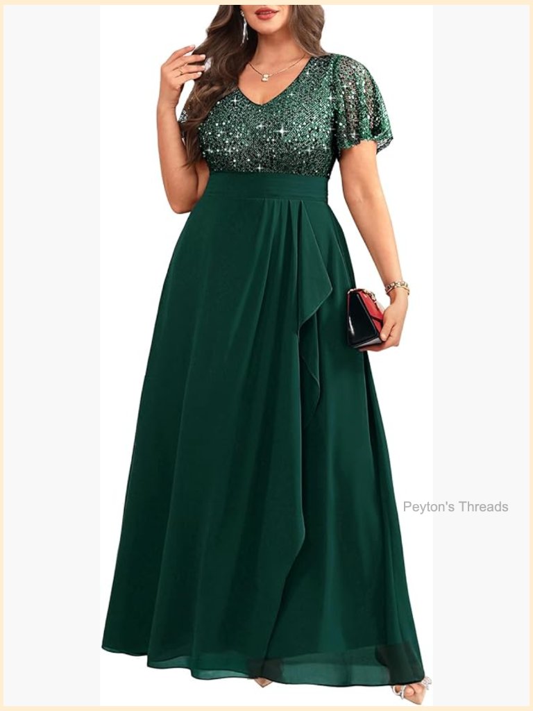 Sequin Formal A-Line V-Neck Floor-Length Evening Gown Plus Size